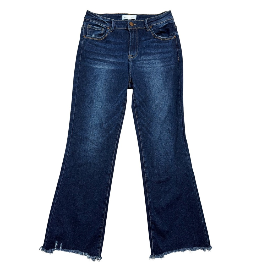 Risen Jeans Flare Women 7/28 Dark Blue Raw Hem Distressed High Rise Denim